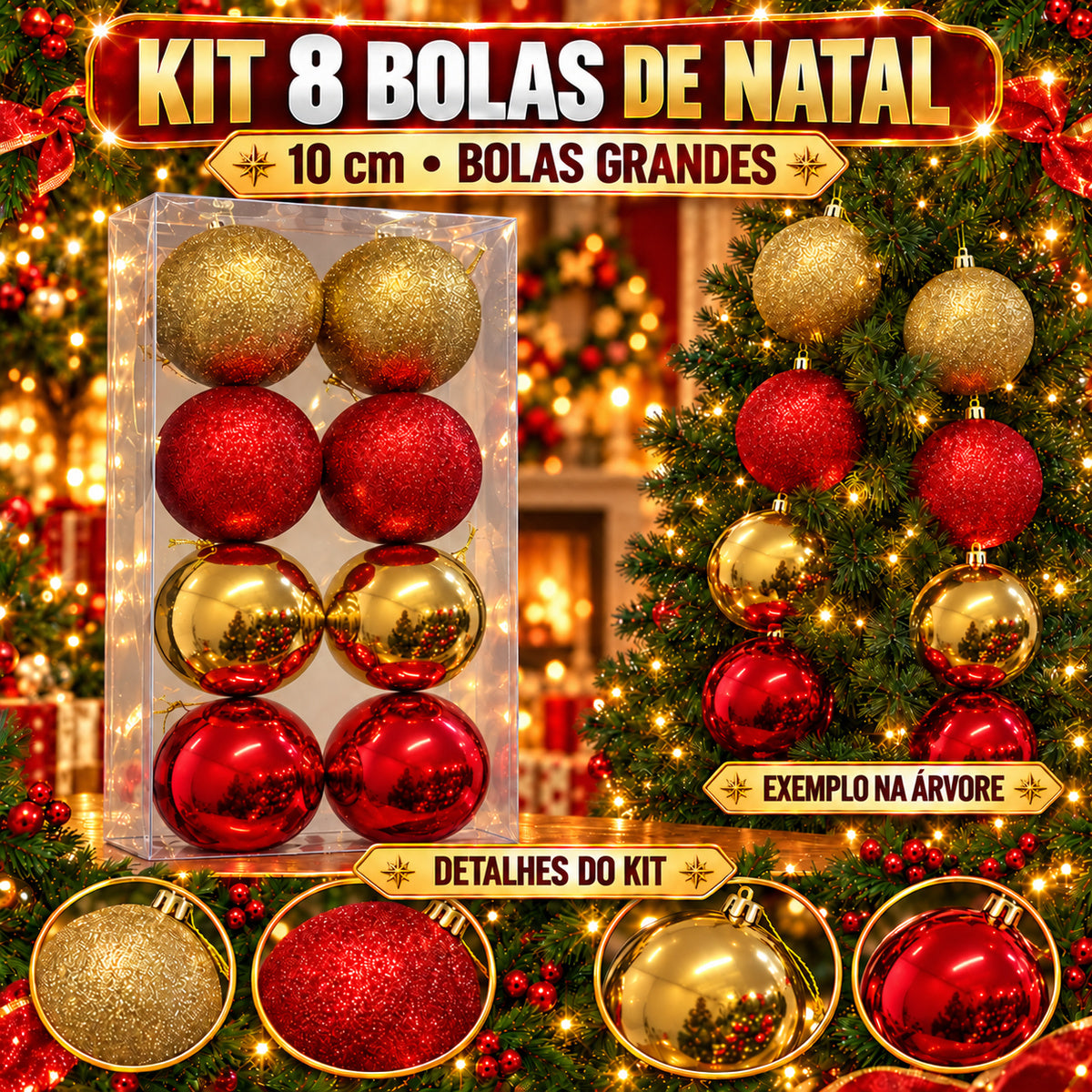Kit 8 Bolas De Natal 10cm Grande Luxo Enfeite Decoração Árvore de Natal LuvinCo