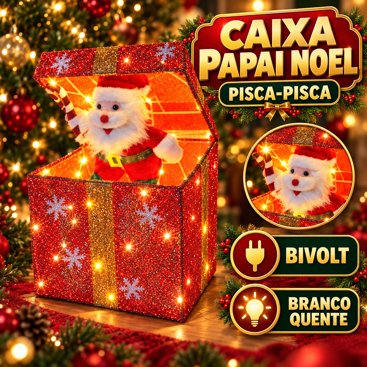 Boneco Papai Noel Caixa Pisca Natal Decoração Led LuvinCo