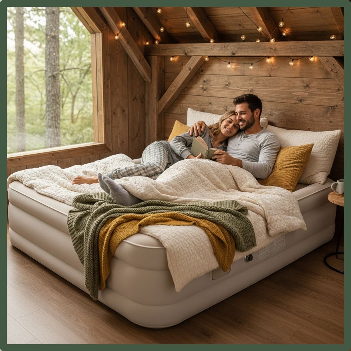 Colchão Inflável Queen Bateria Lítio Integrada 203x154x44cm Elétrico Prova D'água Acampamento Família Viagens Resistente E Confortável Luvinco Creme