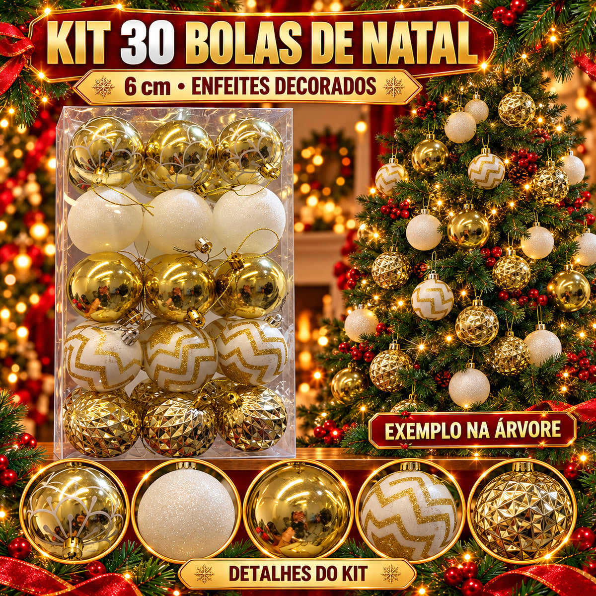 Kit 30 Bolas De Natal 6cm Luxo Decorada Enfeite Decoração Árvore Natal Várias Cores 8 Modelo LuvinCo