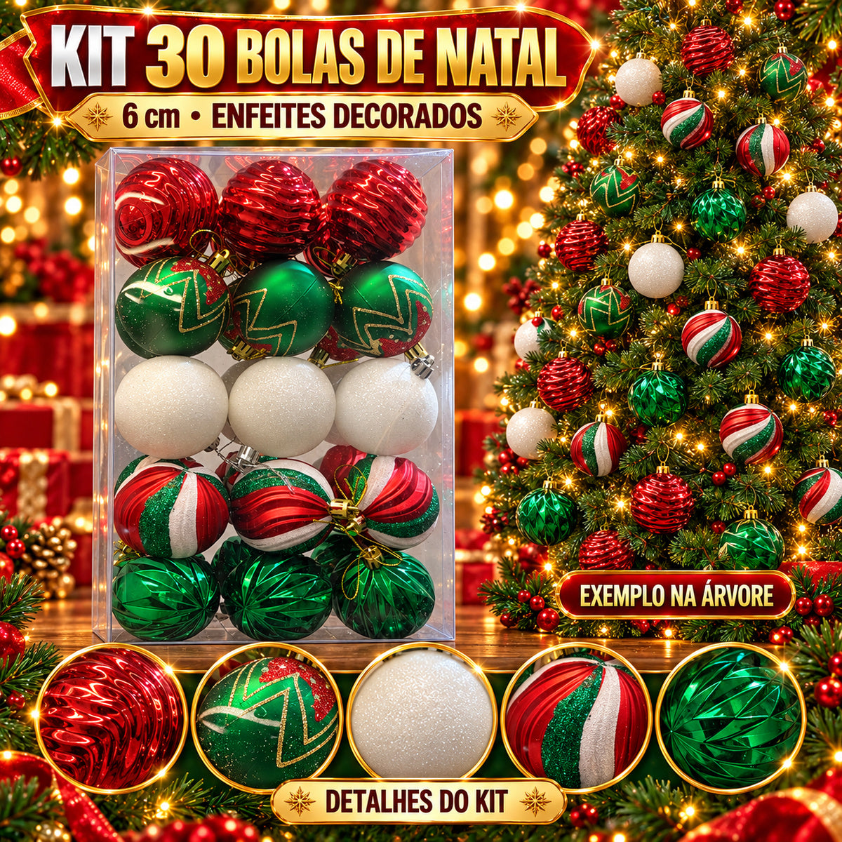 Kit 30 Bolas De Natal 6cm Luxo Decorada Enfeite Decoração Árvore Natal Várias Cores 8 Modelo LuvinCo