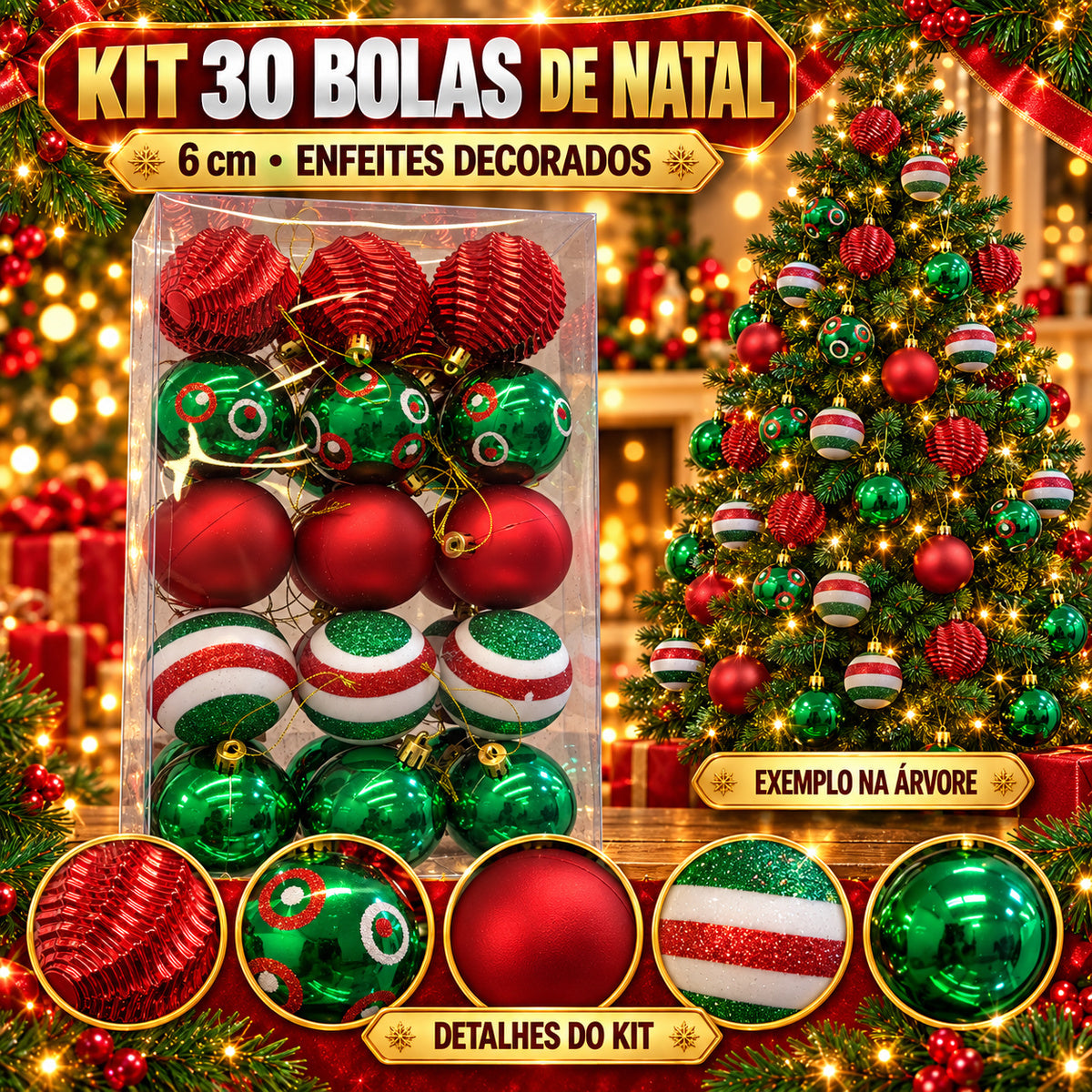 Kit 30 Bolas De Natal 6cm Luxo Decorada Enfeite Decoração Árvore Natal Várias Cores 8 Modelo LuvinCo