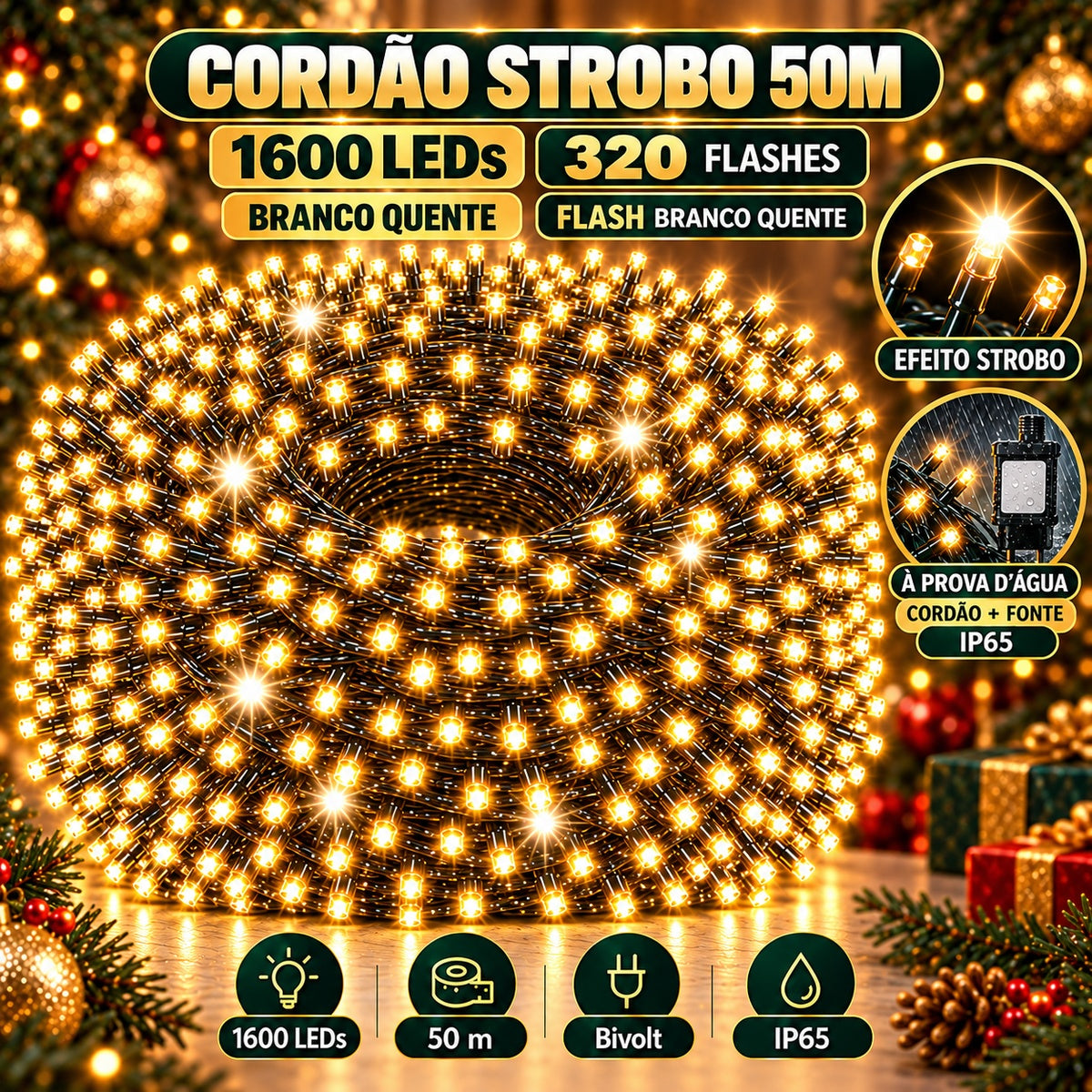 Strobo Pisca Pisca Cordão Natal 1600 Leds 50m Prova D'Água Bivolt 320 Flash Decoração Enfeite Natal LuvinCo