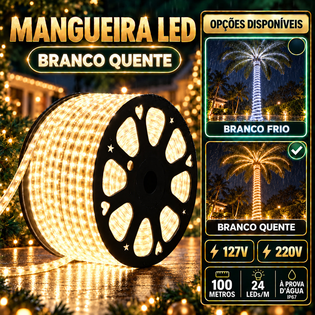Mangueira Led 100m Luz Redonda Carretel Pisca Pisca Decoração Enfeite Natal Externo IP67 Prova D'Água