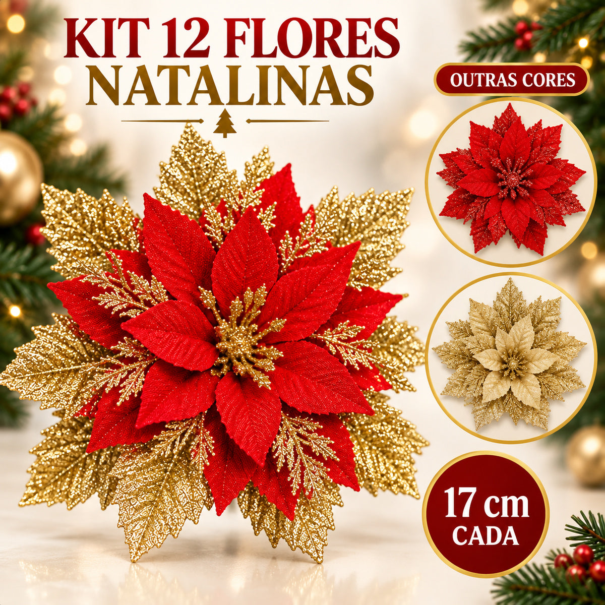 Kit 12 Flores Enfeite Artificial Glitter 17cm Decoração Árvore De Natal Dourado-Vermelho-Vermelho e Dourado Luvinco