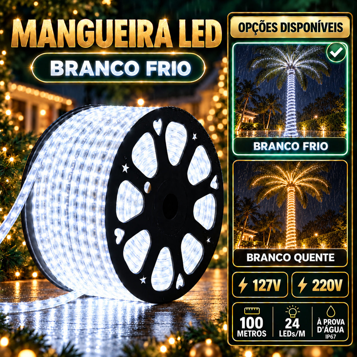 Mangueira Led 100m Luz Redonda Carretel Pisca Pisca Decoração Enfeite Natal Externo IP67 Prova D'Água