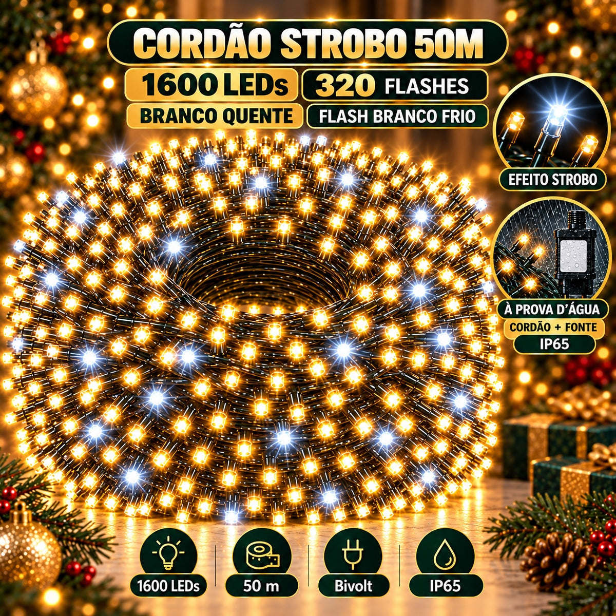 Strobo Pisca Pisca Cordão Natal 1600 Leds 50m Prova D'Água Bivolt 320 Flash Decoração Enfeite Natal LuvinCo