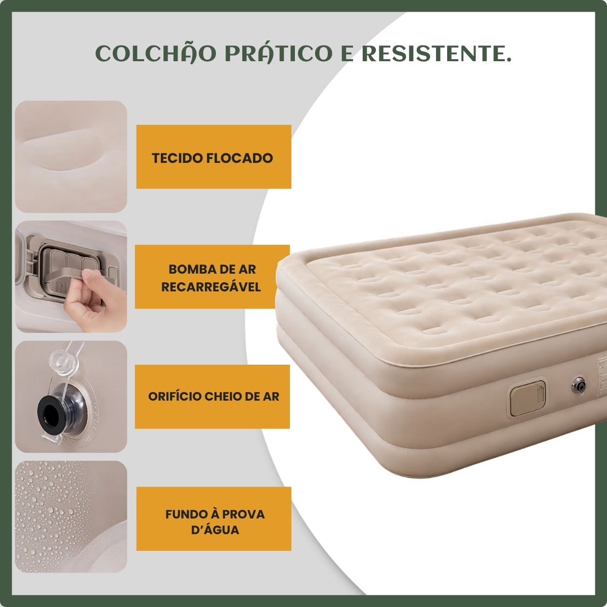 Colchão Inflável Queen Bateria Lítio Integrada 203x154x44cm Elétrico Prova D'água Acampamento Família Viagens Resistente E Confortável Luvinco Creme