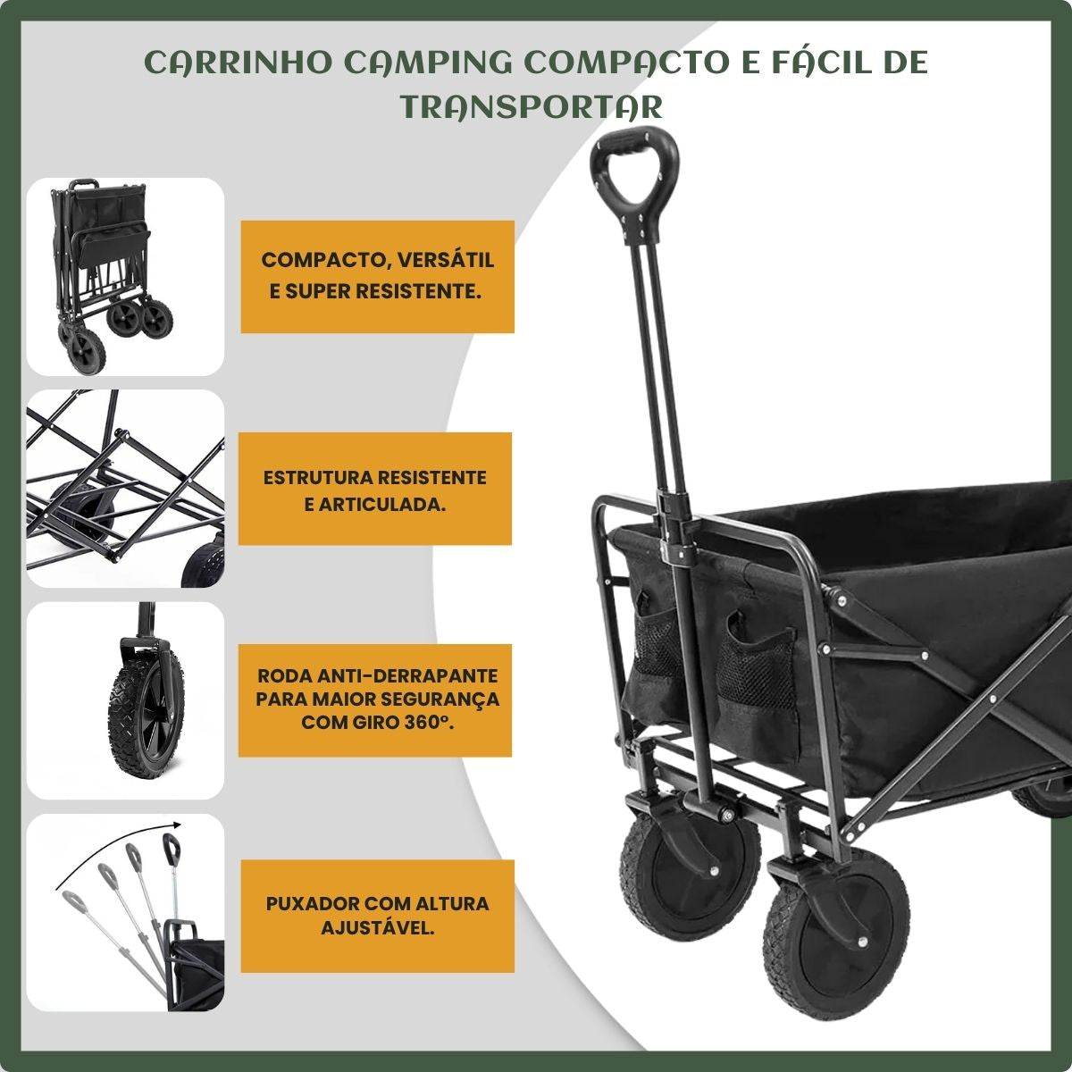 Carrinho Dobrável Multifunções Acampamento Praia Camping Impermeável 200kg Reforçado Portátil Preto