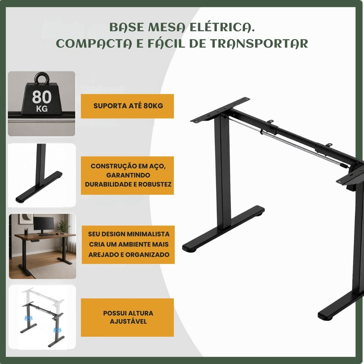 Estrutura De Mesa Elétrica Ergonômica Ajustável C/ Regulagem Altura Estável Escritório Cor Preta ou Branca LuvinCo