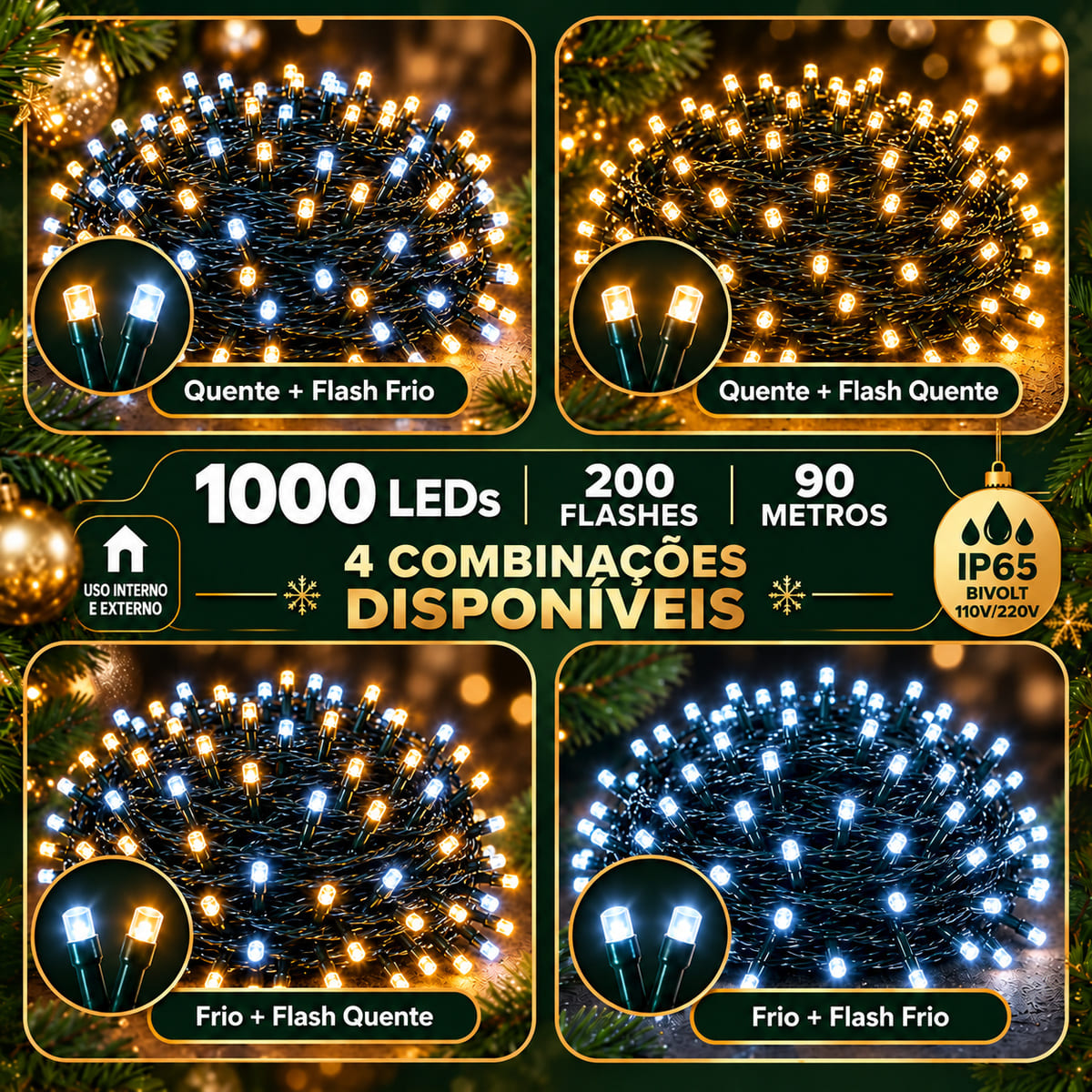 Strobo Pisca Pisca Cordão Natal 1000 Leds 90m Prova D'Água Bivolt 200 Flash Decoração Enfeite Natal LuvinCo