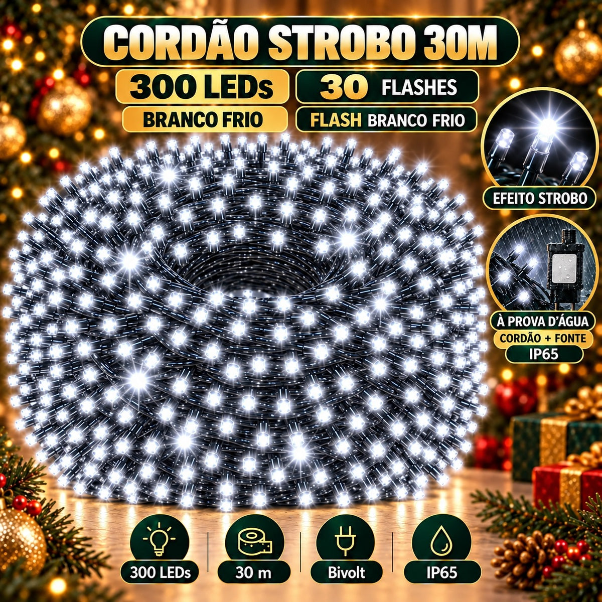 Strobo Pisca Pisca Cordão Natal 300 Leds 30m Prova D'Água Bivolt 30 Flash Decoração Enfeite Natal LuvinCo