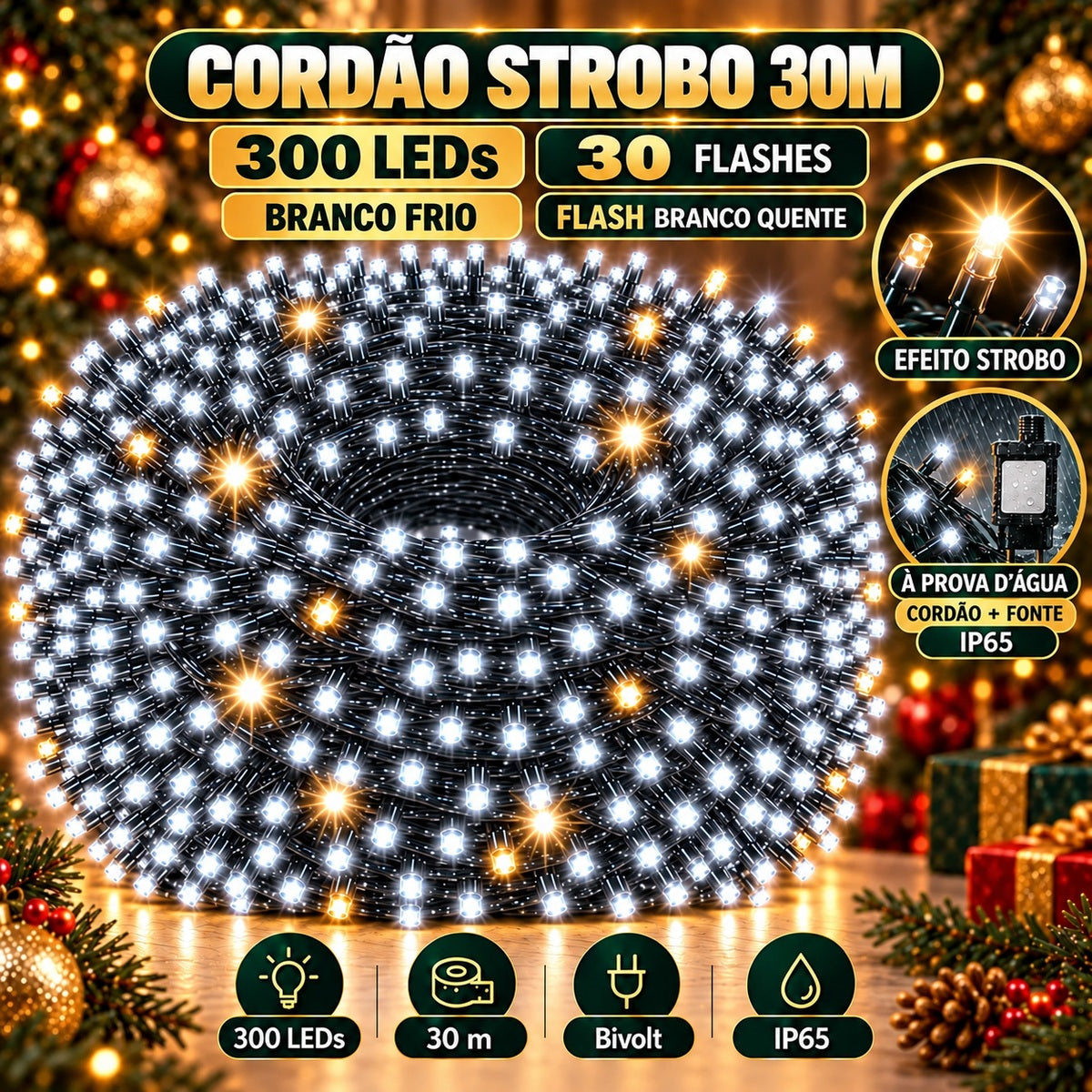 Strobo Pisca Pisca Cordão Natal 300 Leds 30m Prova D'Água Bivolt 30 Flash Decoração Enfeite Natal LuvinCo