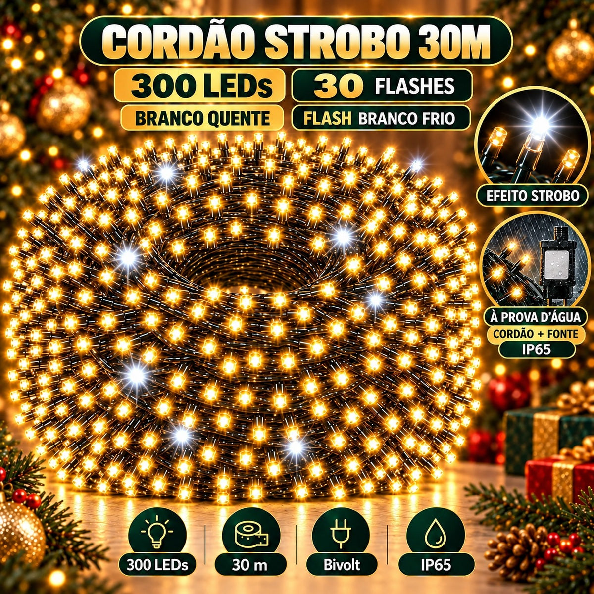 Strobo Pisca Pisca Cordão Natal 300 Leds 30m Prova D'Água Bivolt 30 Flash Decoração Enfeite Natal LuvinCo