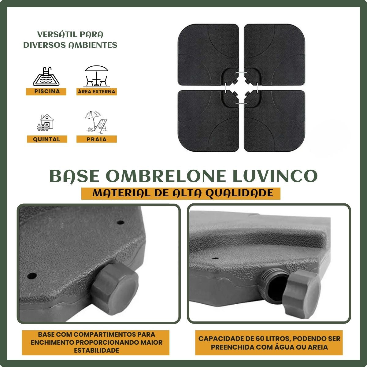 Base Ombrelone 60 Litros Guarda Sol Praia Jardim Lateral LuvinCo