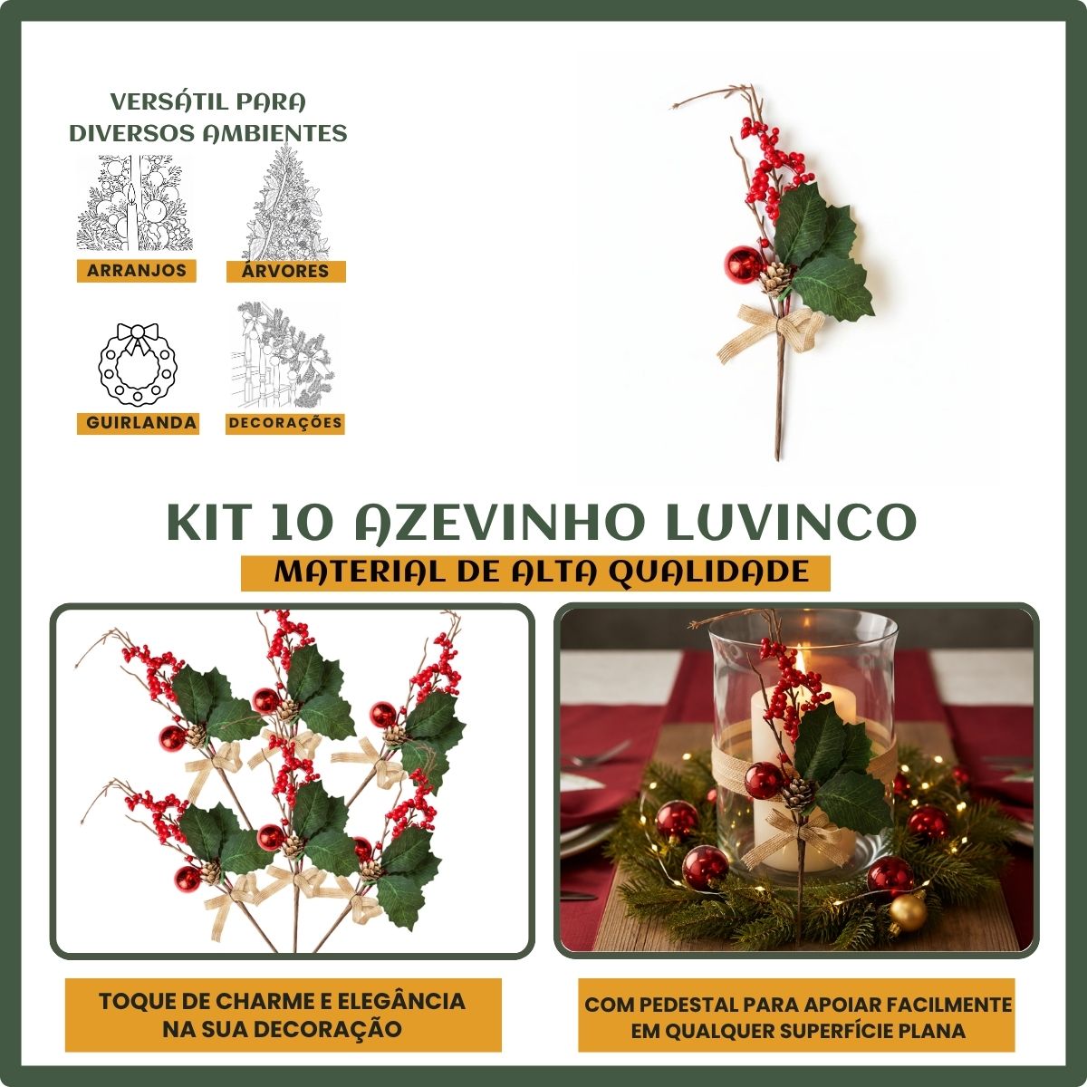 Kit Com 6 Azevinhos Galhos Decorados Natal LuvinCo