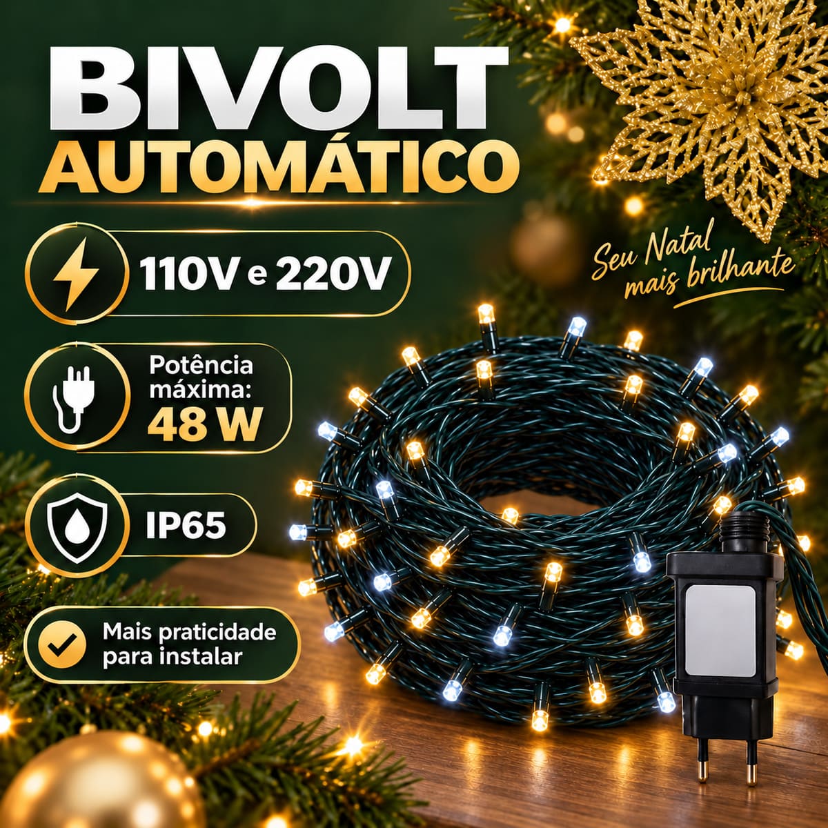 Strobo Pisca Pisca Cordão Natal 300 Leds 30m Prova D'Água Bivolt 30 Flash Decoração Enfeite Natal LuvinCo