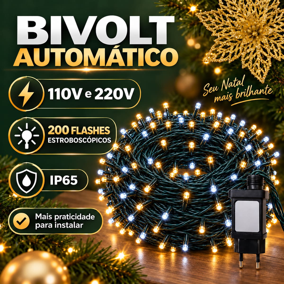 Strobo Pisca Pisca Cordão Natal 1000 Leds 90m Prova D'Água Bivolt 200 Flash Decoração Enfeite Natal LuvinCo