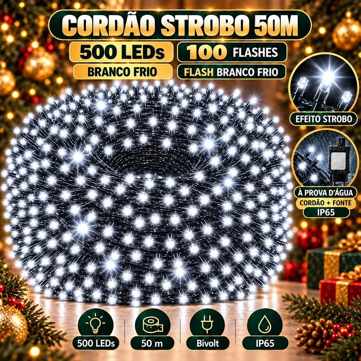 Strobo Pisca Pisca Cordão Natal 500 Leds 50m Prova D'Água Bivolt 100 Flash Decoração Enfeite Natal LuvinCo