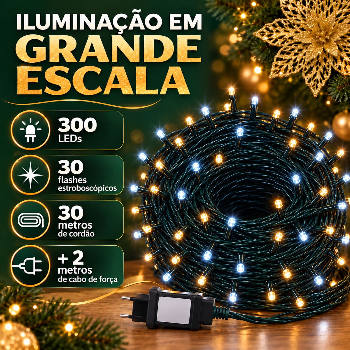 Strobo Pisca Pisca Cordão Natal 300 Leds 30m Prova D'Água Bivolt 30 Flash Decoração Enfeite Natal LuvinCo
