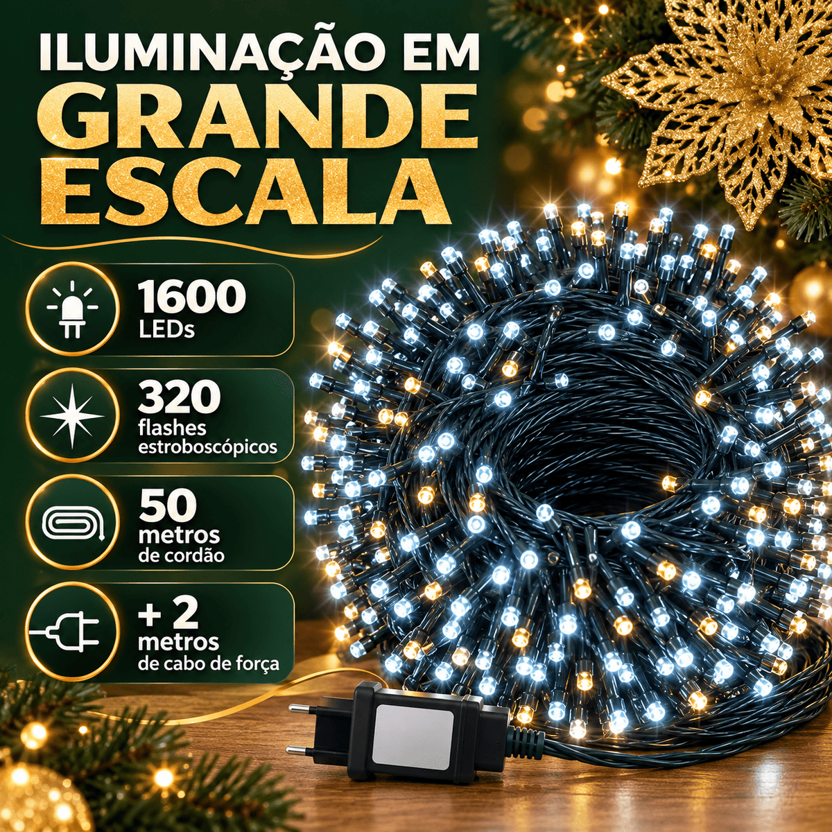 Strobo Pisca Pisca Cordão Natal 1600 Leds 50m Prova D'Água Bivolt 320 Flash Decoração Enfeite Natal LuvinCo