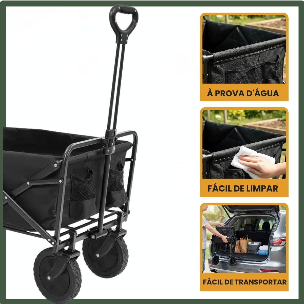 Carrinho Dobrável Multifunções Acampamento Praia Camping Impermeável 200kg Reforçado Portátil Preto