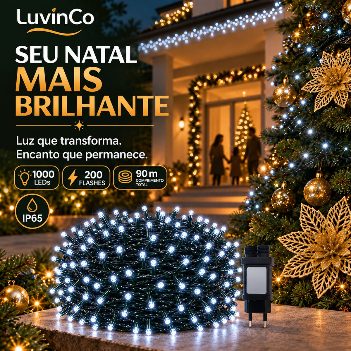 Strobo Pisca Pisca Cordão Natal 1000 Leds 90m Prova D'Água Bivolt 200 Flash Decoração Enfeite Natal LuvinCo