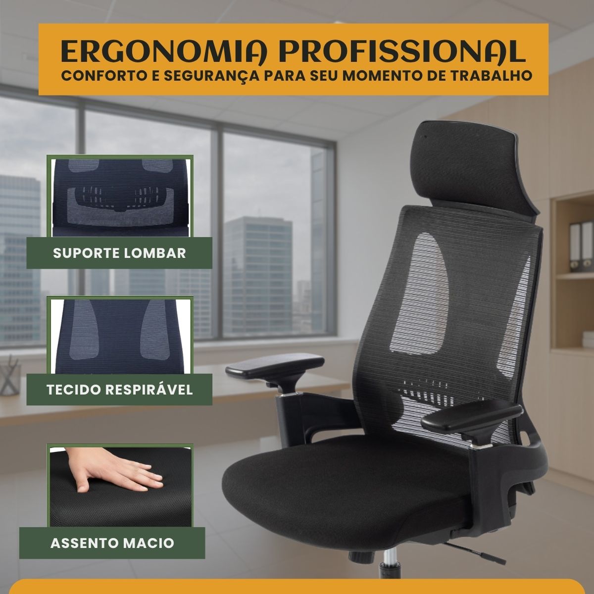 Cadeira De Escritório Ergonômica Seattle Luvinco Presidente Malha Respirável Tela Mesh Braço Ajustável 3D Encosto Lombar