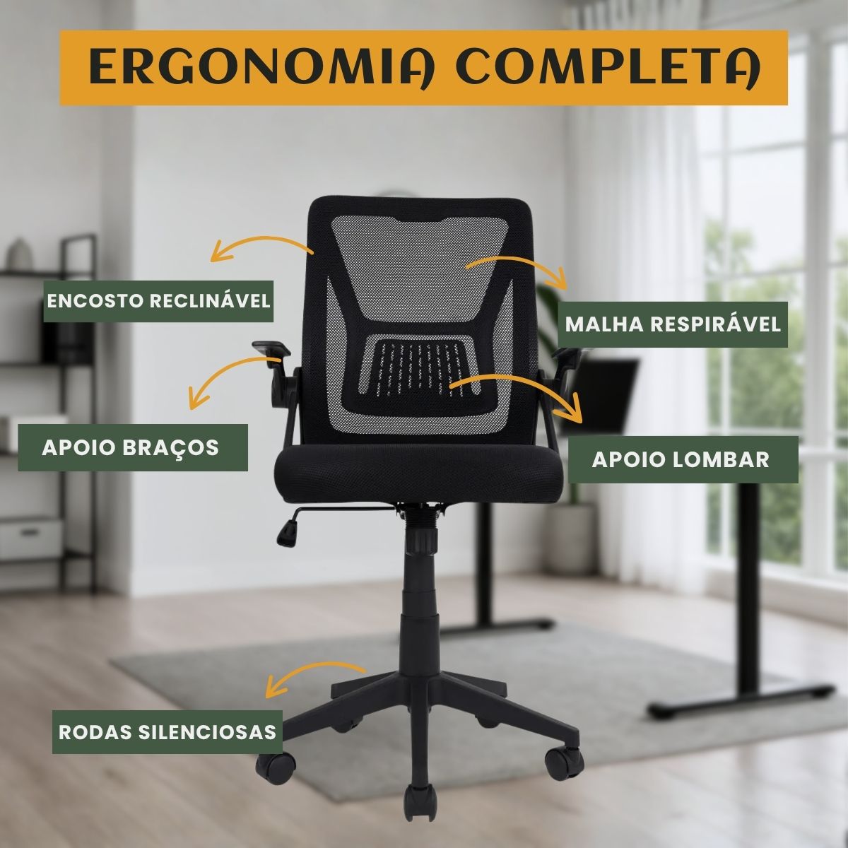 Cadeira de Escritório Presidente Ergonômica Valência Diretor Executiva com Apoio de Braço, Suporte Lombar e Malha Respirável
