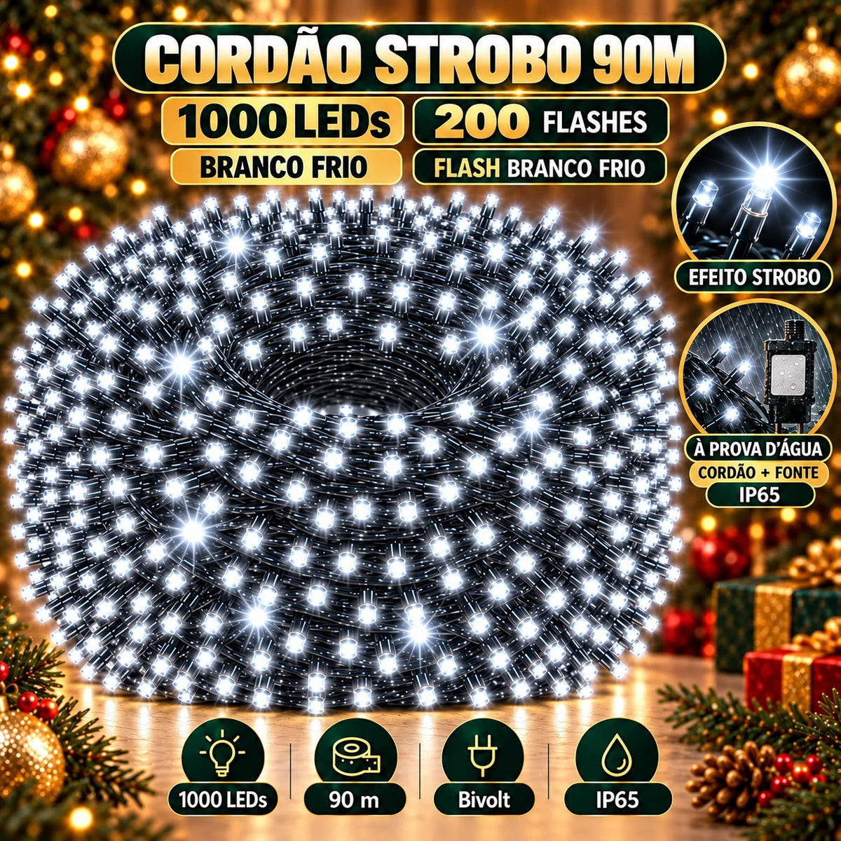 Strobo Pisca Pisca Cordão Natal 1000 Leds 90m Prova D'Água Bivolt 200 Flash Decoração Enfeite Natal LuvinCo