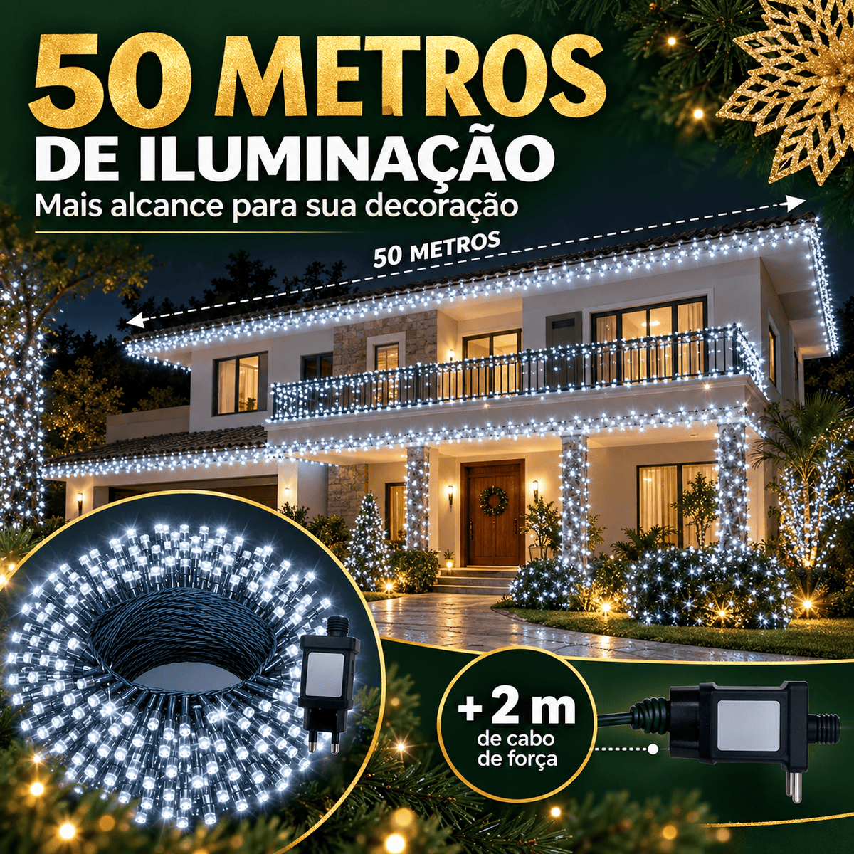 Strobo Pisca Pisca Cordão Natal 1600 Leds 50m Prova D'Água Bivolt 320 Flash Decoração Enfeite Natal LuvinCo