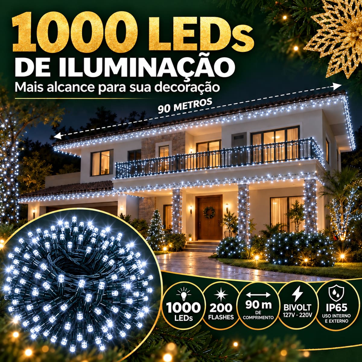 Strobo Pisca Pisca Cordão Natal 1000 Leds 90m Prova D'Água Bivolt 200 Flash Decoração Enfeite Natal LuvinCo