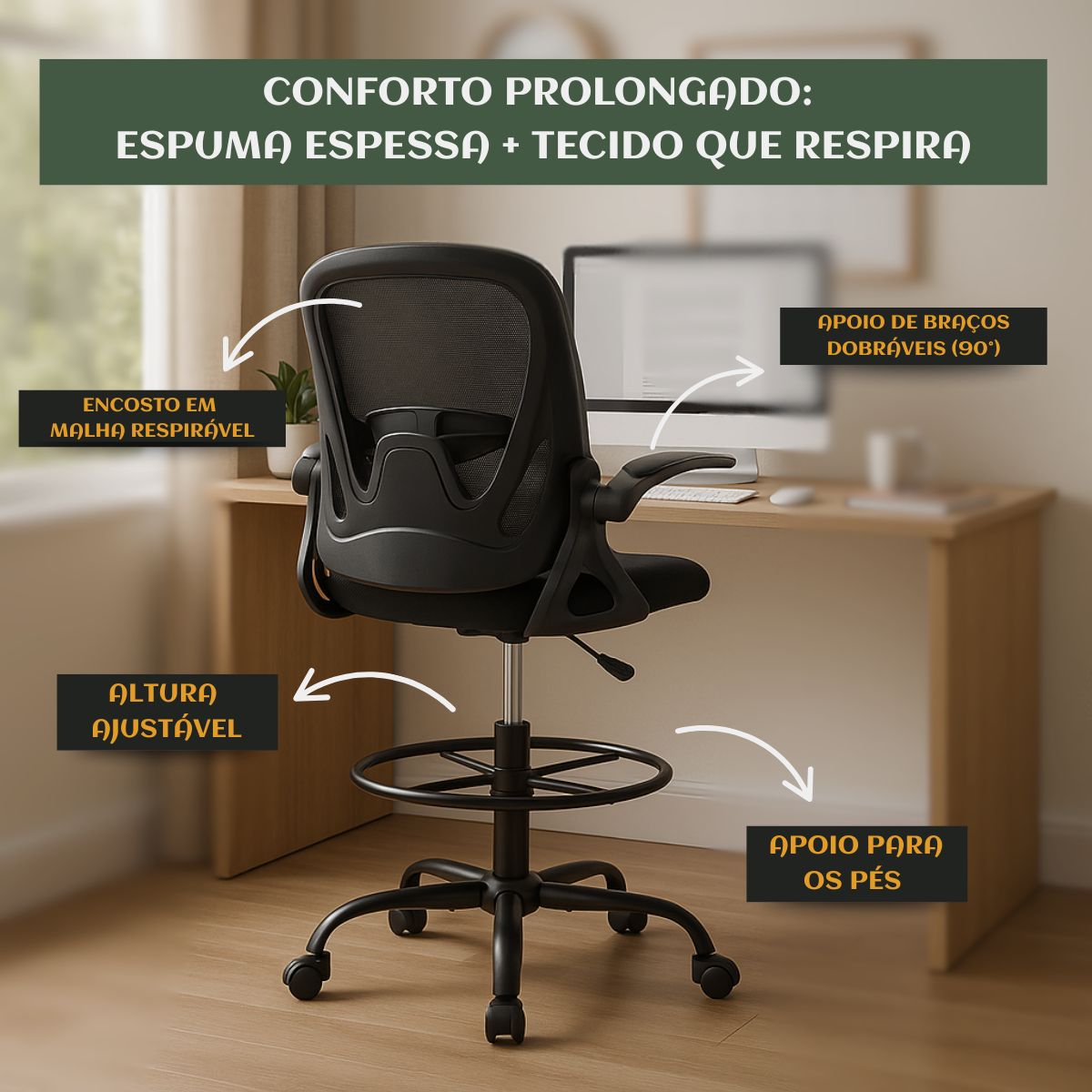 Cadeira De Escritório Ergonômica Executiva Braços Dobráveis Anel De Apoio Para Pés Ajustável Bq01 Suporte Lombar Cor Preta Luvinco