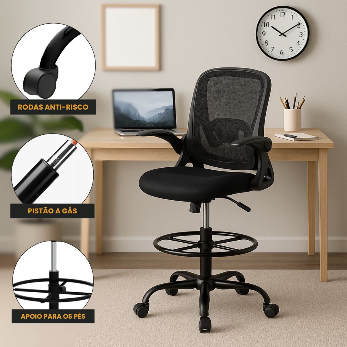 Cadeira De Escritório Ergonômica Executiva Braços Dobráveis Anel De Apoio Para Pés Ajustável Bq01 Suporte Lombar Cor Preta Luvinco