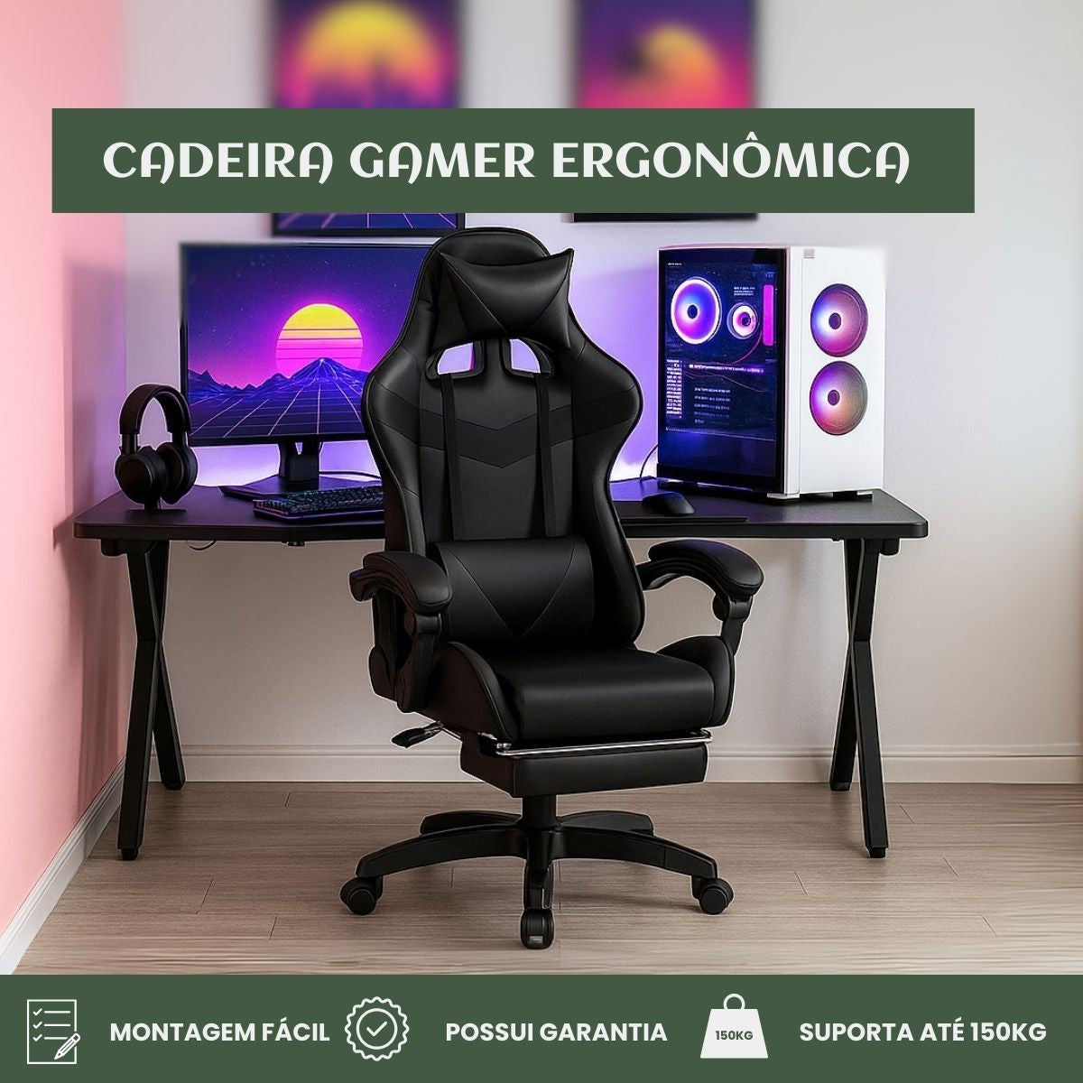 Cadeira De Escritório Gamer Nitro Ergonômica Estofado Couro Sintético Reclinável Altura Ajustável Apoio Para Pés LuvinCo