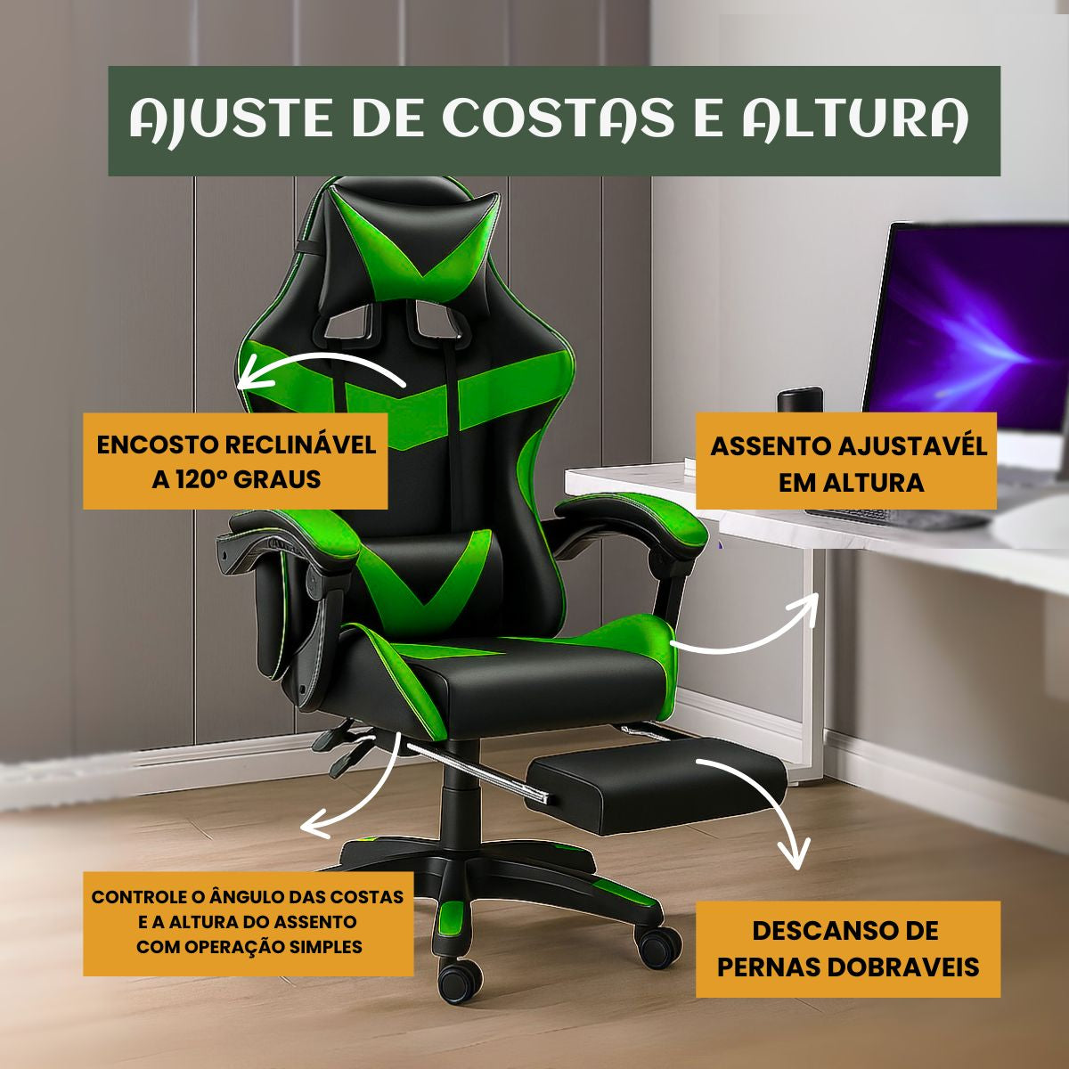 Cadeira De Escritório Gamer Nitro Ergonômica Estofado Couro Sintético Reclinável Altura Ajustável Apoio Para Pés LuvinCo