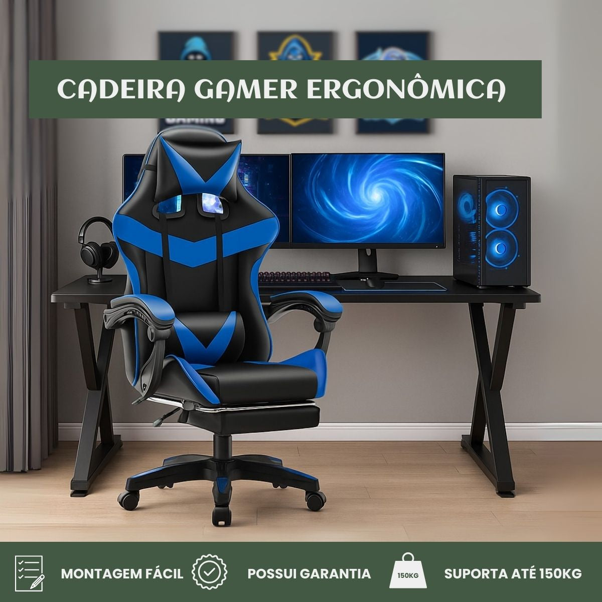 Cadeira De Escritório Gamer Nitro Ergonômica Estofado Couro Sintético Reclinável Altura Ajustável Apoio Para Pés LuvinCo