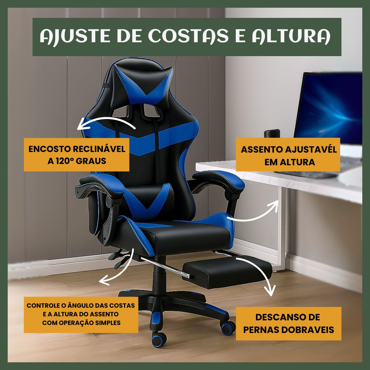 Cadeira De Escritório Gamer Nitro Ergonômica Estofado Couro Sintético Reclinável Altura Ajustável Apoio Para Pés LuvinCo