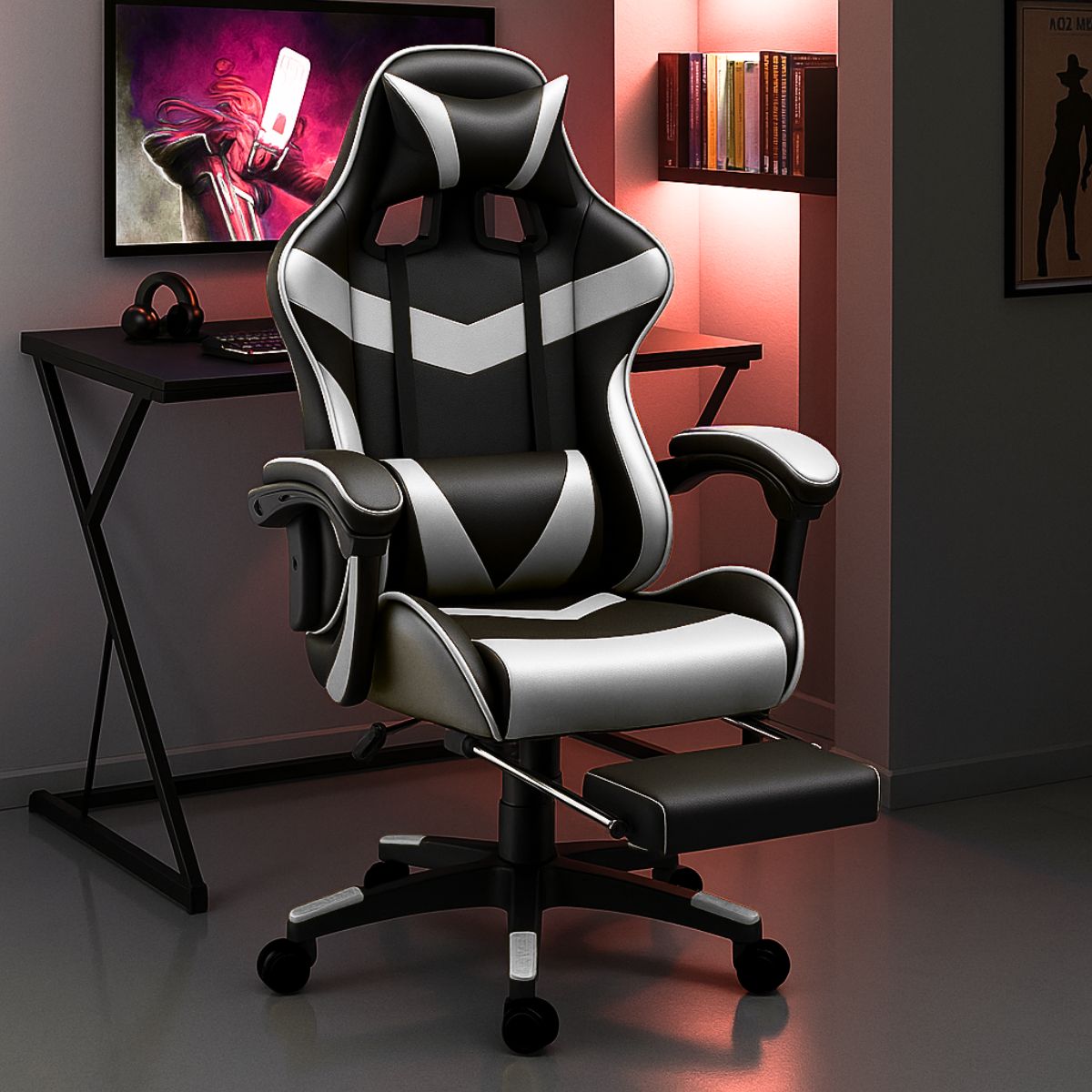 Cadeira De Escritório Gamer Nitro Ergonômica Estofado Couro Sintético Reclinável Altura Ajustável Apoio Para Pés LuvinCo