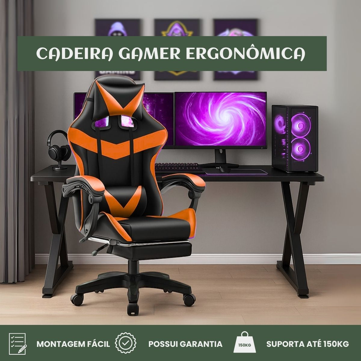Cadeira De Escritório Gamer Nitro Ergonômica Estofado Couro Sintético Reclinável Altura Ajustável Apoio Para Pés LuvinCo