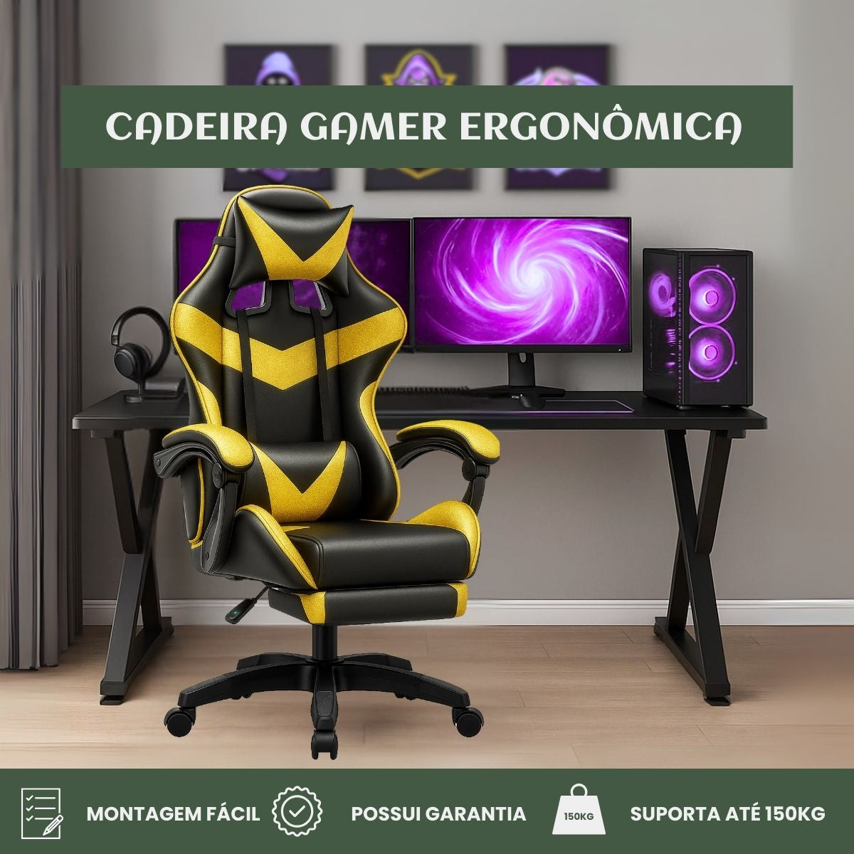 Cadeira De Escritório Gamer Nitro Ergonômica Estofado Couro Sintético Reclinável Altura Ajustável Apoio Para Pés LuvinCo