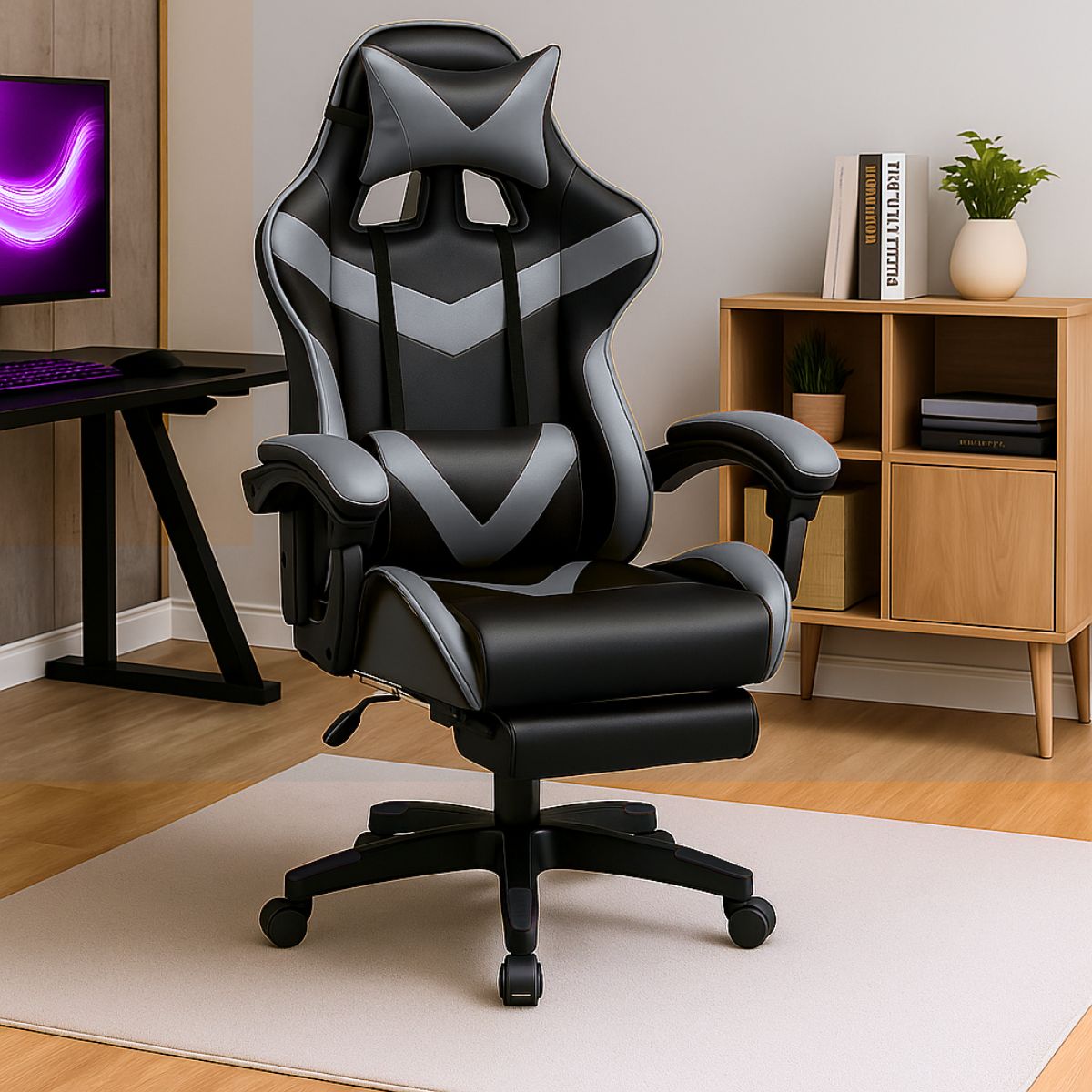 Cadeira De Escritório Gamer Nitro Ergonômica Estofado Couro Sintético Reclinável Altura Ajustável Apoio Para Pés LuvinCo