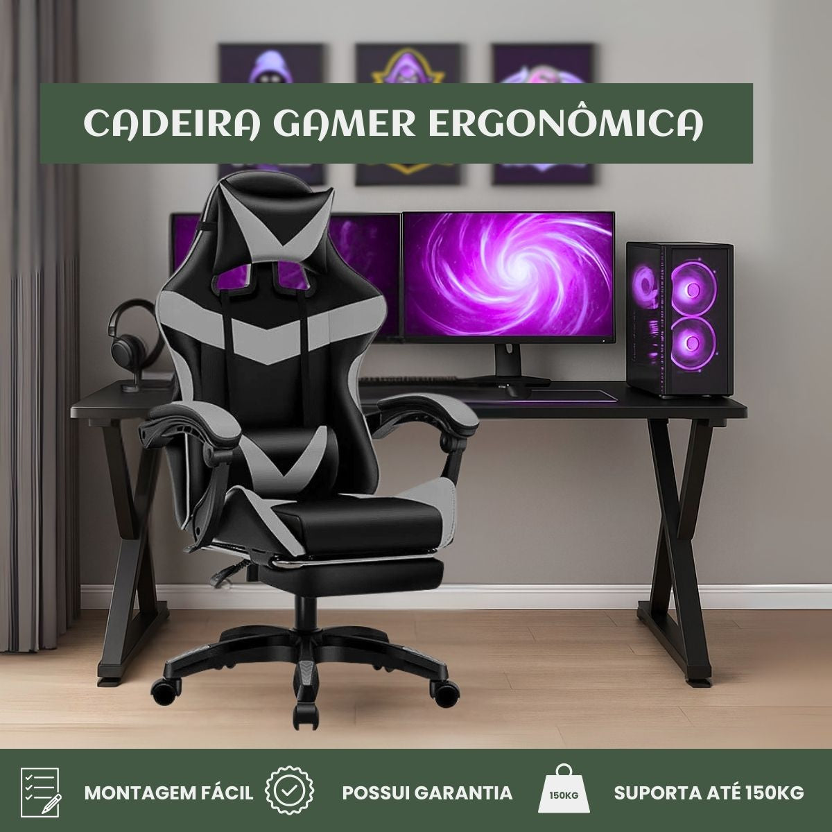 Cadeira De Escritório Gamer Nitro Ergonômica Estofado Couro Sintético Reclinável Altura Ajustável Apoio Para Pés LuvinCo