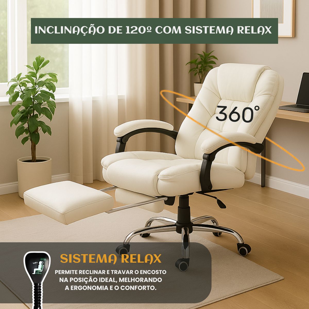 Cadeira De Escritório Itália Presidente Ergonômica Couro Sintético Encosto Ajustável Com Trava E Apoio Para Pés LuvinCo