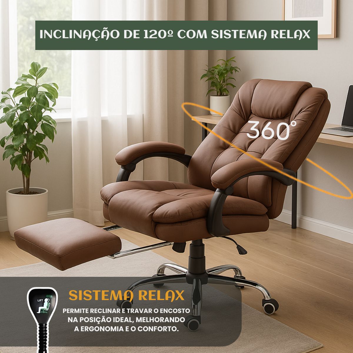 Cadeira De Escritório Itália Presidente Ergonômica Couro Sintético Encosto Ajustável Com Trava E Apoio Para Pés LuvinCo