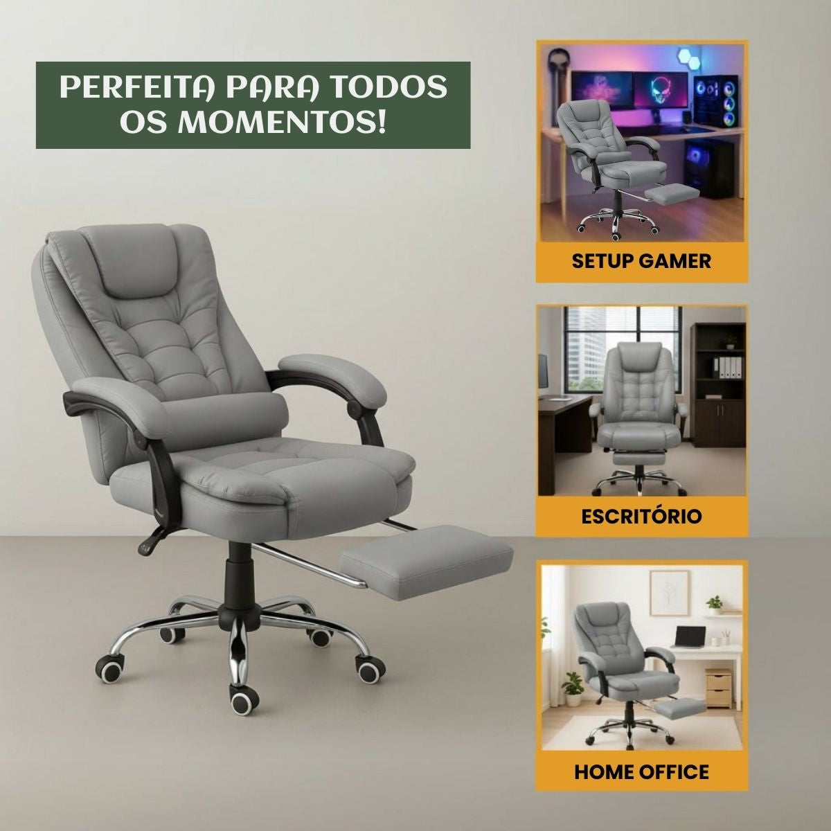 Cadeira De Escritório Itália Presidente Ergonômica Couro Sintético Encosto Ajustável Com Trava E Apoio Para Pés LuvinCo