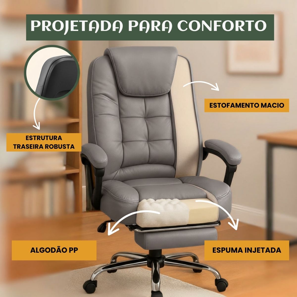 Cadeira De Escritório Itália Presidente Ergonômica Couro Sintético Encosto Ajustável Com Trava E Apoio Para Pés LuvinCo