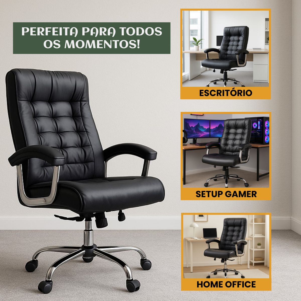 Cadeira De Escritório Miami Preta Presidente Ergonômica Tecnológica Com 42 Molas Ensacadas Revestimento Pillow Top LuvinCo