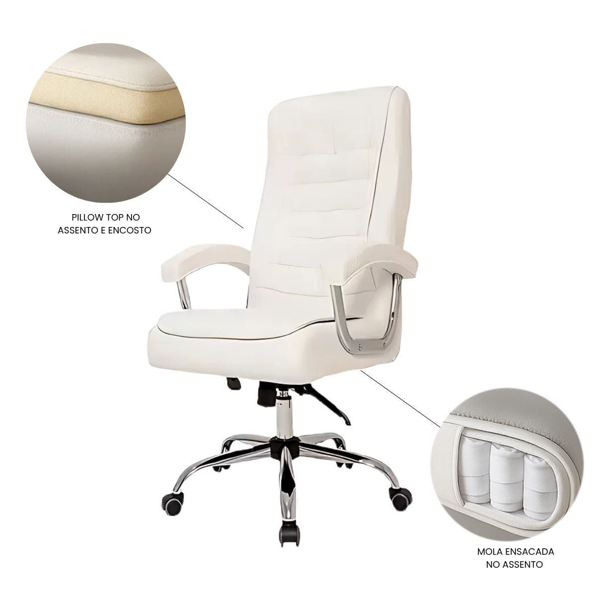 Cadeira De Escritório Miami Preta Presidente Ergonômica Tecnológica Com 42 Molas Ensacadas Revestimento Pillow Top LuvinCo