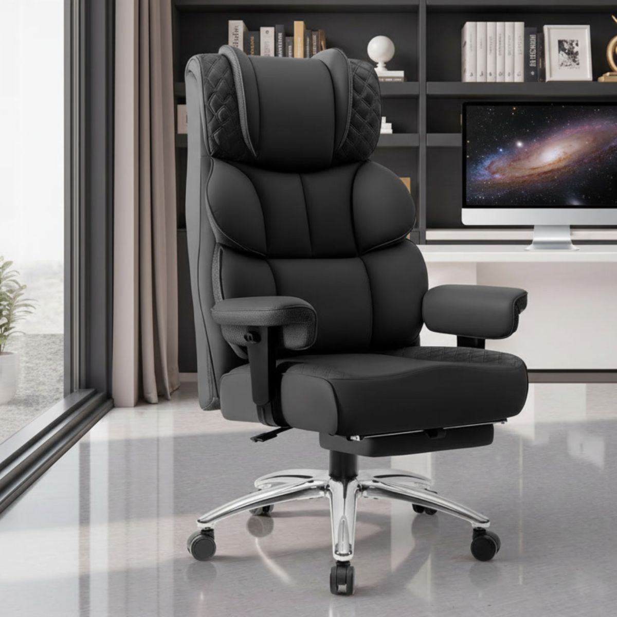 Cadeira de Escritorio Poltrona Berlim Gamer Ergonômica Couro Sintético Pillow Top Reclinável Suporte Lombar Apoio de Pés e Braços Macio Resistente Suporta 200kg LuvinCo